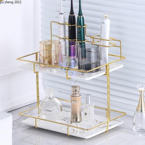 Modern Marble Double Storage Tray Luxury Ceramic Dessert Table with Metal Shelf Tea Cup Food Jewelry Cosmetics Storage Home Deco