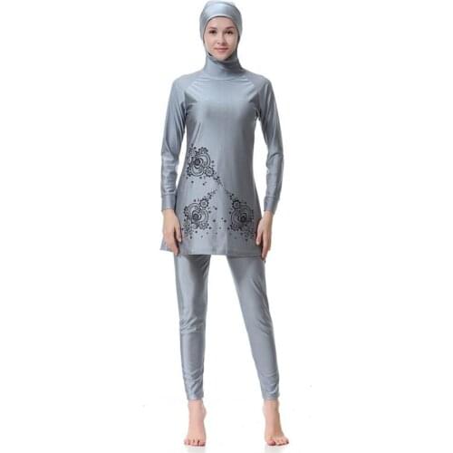 Full Package Swimsuit For Muslim Women Burkini Islamic Jilbab Swimsuits Clothing Hooded Swimming Suit Clothes Silver Plus Size