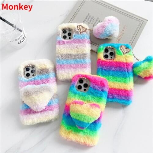 Warm Hairy Rainbow Phone Case For OPPO Reno 6 5 4 Pro 2 2Z 5F 4Z A31 2020 A93 A94 A95 A53S A15 A3S A5S F19 F17 F11 Fur TPU Cover
