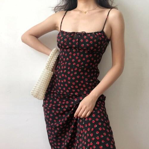 TVVOVVIN Womens Fashionable Sexy Slim-fit Big U-neck Bow-knot Red Print Suspender Flowers Casual Bow Skirt Dress WU3V