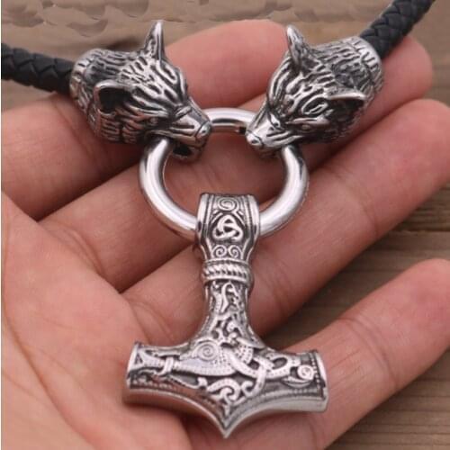 Vintage Double Wolf Bite Ring Thors Hammer Pendant Necklace Nordic Style Mens Amulet Jewelry
