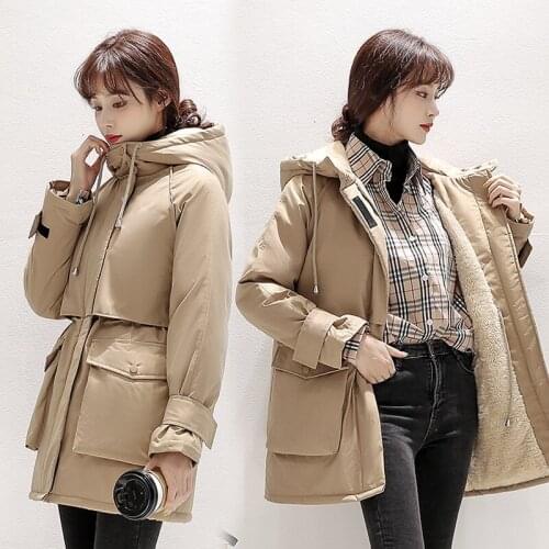 Womens Mid-length Parker Cotton Coats Winter Korean Style Loose Plus Velvet Thicken Warm Quilted Jacket Hooded Padded Jackets