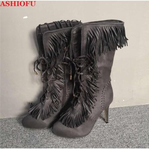 ASHIOFU New Arrival Handmade Women High Heel Boots Fringed&Tassels Mid-calf Boots Lace-up Party Prom Winter Fashion Boots Shoes