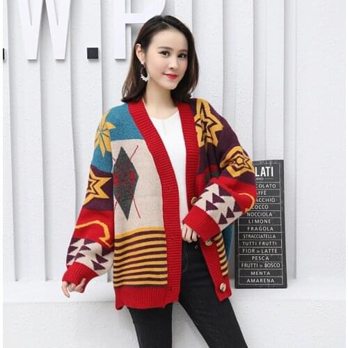 Plaid Cardigans Sweater Patchwork Knitted Women Autumn Winter Casual Knitwear Puff Sleeve Thick Long Cardigan Sweaters OS128