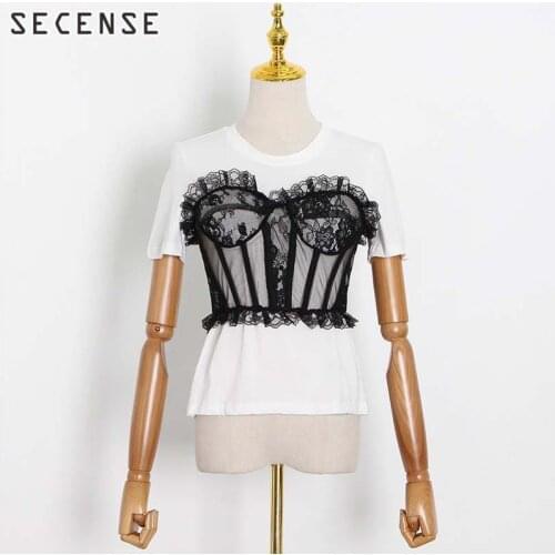 Women Corset Lace T Shirt Patchwork Zipper O Neck Hollow Out Short Sleeve Back Split Casual T Shirts Female 2021 Summer Fashion