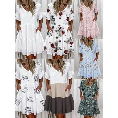 Women Floral Print Butterfly Ruffle Mini Dress 2021 Summer Short Sleeve A-Line Patchwork Dress Sexy V Neck Lady Dress Vestidos