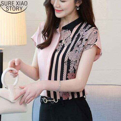 Floral Print Short Sleeve Blouses 2021 Summer Chiffon Shirts Women Fashion Contrast Color Blusas Mujer De Moda Cardigan 9205 50