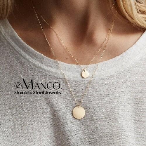 E-Manco Gold Color Chain Necklace for women Double Layered Stainless Steel Choker Necklace Round Coin Pendants Necklace