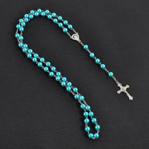 Round Imitation Pearl Long Chain Necklace Orthodox Rosary Cross Jesus Religious Praying Jewelry Gift Collana