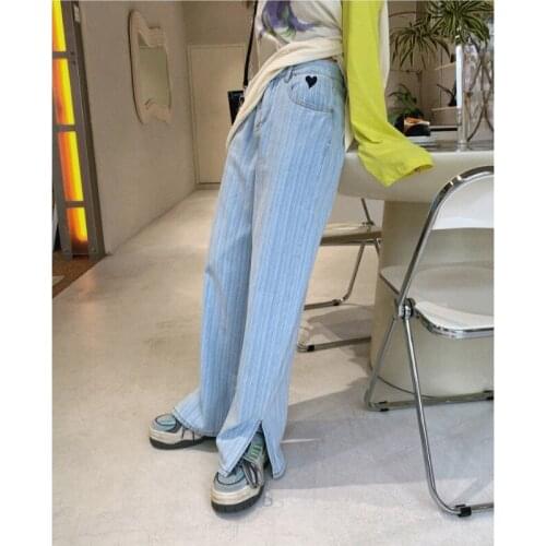 Y2k High Waist Jeans Women Streetwear Love Decoration Drape Stripes Baggy Straight-leg Pants Woman Button Fly Casual Split Jeans