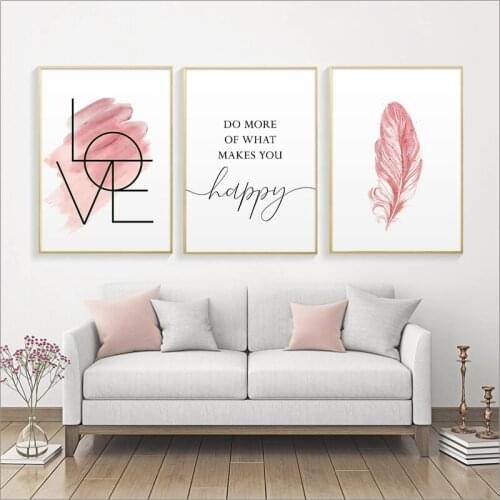 Canvas Painting Blush Pink Wall Art Feather Inspirational Quote Poster and Print Love Sign Picture for Girl Room Decor