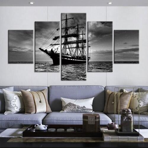 5 Pieces Wall Art Prints Poster Sailboat Seascape Canvas Painting Black White Background Picture for Living Room Home Decoration