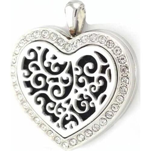 Heart Shape Stainless Steel Rhinestone Crystal Essential Oils Aromatherapy Locket Perfume Diffuser Necklace Pendant