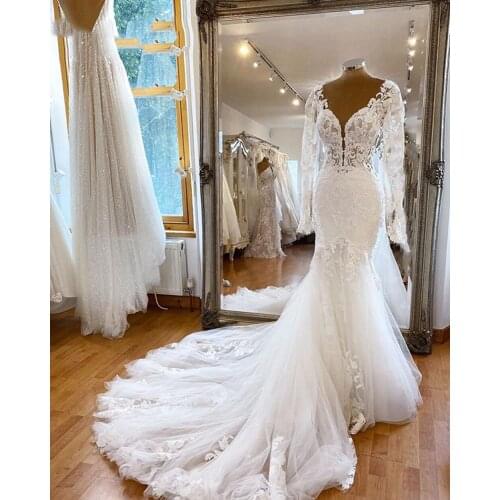 Lace Long Sleeves Mermaid style Wedding Dresses 2021 Open Back Dubai Lebanon Women White Wedding Gowns for Bride Pluse Size