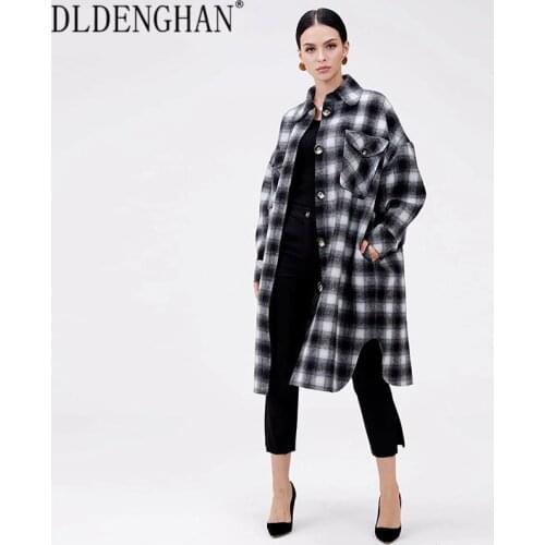 DLINGHAN Fashion Plaid Wool Overcoat Womens Long Sleeve Turn-down Collar Single-Breasted Loose Casual Coat Autumn Winter New