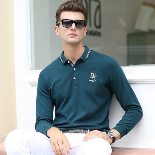 Autumn New Business Mens T-shirt Young and Middle-aged Fashion Business Embroidery Lapel Long-sleeved Mens POLO Shirt