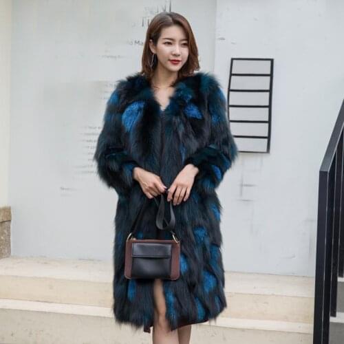 New genuine real natural fox fur coat womens fashion long jacket ladies V-neck warm winter outwear custom big size