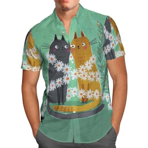 Couples Cats Print Short Sleeve Shirts For Men Loose Cardigan Button Shirt Plus Size Hawaiian Style Summer 2021 Ventilated Shirt