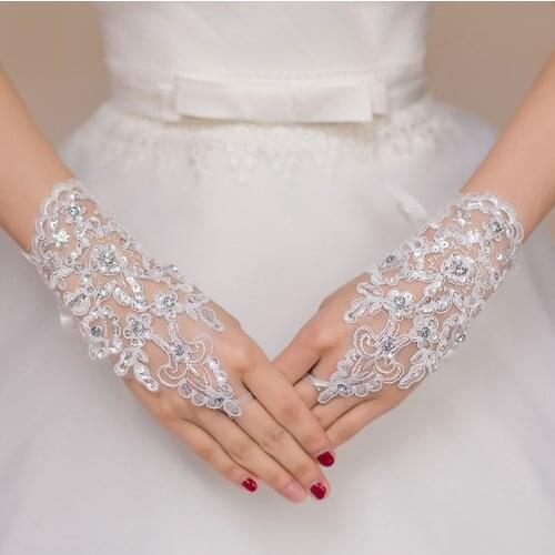 Bridal Lace Beaded Gloves Red White Fingerless Wedding Accessories Stage Performance High Quality Elegant Glove