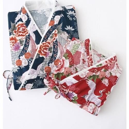 Japanese Style Kimono Dress for Woman Girs Cotton Vintage Traditional Pajamas Flower Nightgown Sleepwear Yukata Belt Clothes