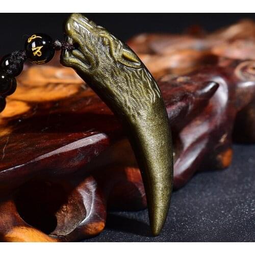 RongDe Drop Shipping Gold Obsidian Wolf Teeth Necklace Pendant Amulet Jade Pendant Fine Jewelry With Chain