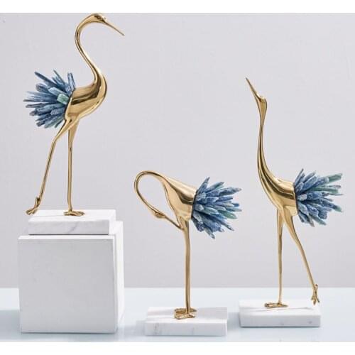 Luxury Crystal Crane Pure Copper Ornaments Marble Base Animal Home Decoration Living Room Accessories Wine Cabinet Christmasgift