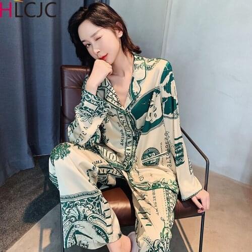 Silk Satin Men Pajamas Set Fashion Sleepwear Couple Printing Long Sleeve Suit Casual Two-Piece Pyjama Autumn Elastic Homewear