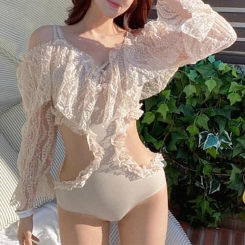 Solid Color Sexy Monokini Women Sexy Lace Long Sleeve bodysuit Bikinis Women Back Bandage One Piece Swimsuit Female Playsuits
