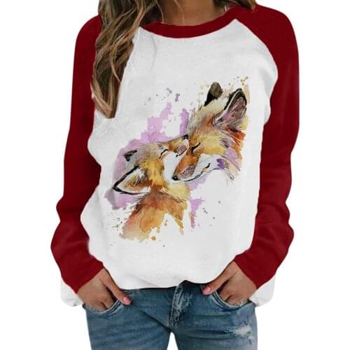 Wolf Printing T-shirt 2021 Women Clothing O-neck Long-sleeved Animal Print Casual Top T-shirt Female Wolf Couple Pattern TShirt