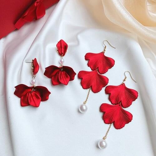 Red Rose Petal Ginkgo Leaf Earrings Womens Multi-layer Pearl Long Studs Earrings
