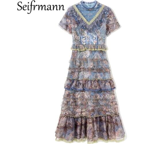 Seifrmann New 2021 Summer Women Fashion Designer Party Midi Dress Short Sleeve Gorgeous Ruffles Lace Elegant Cake Dress Vestidos