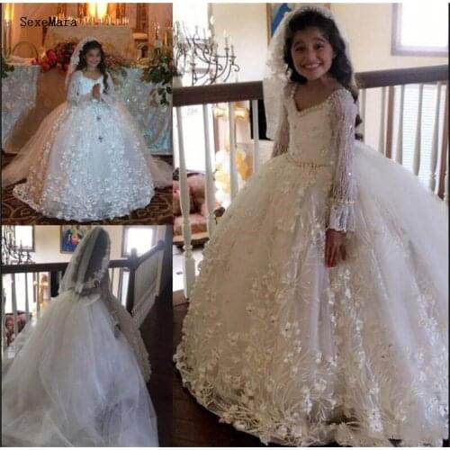 White Ivory Long Sleeves Girls First Communion Dress Puffy Tulle Lace Pearls Ball Gown Kids Clothes for Pageant Party Wedding