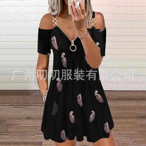 2021 Feather Print A-Line Dress Women V-Neck Short Sleeve Off Shoulder Strap Sexy Party Dress Zipper Casual Dresses For Women