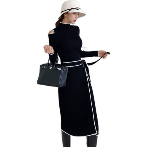 Winter Black Knit Sweater Dresses one piece korea Ladies long Sleeve Sexy warm Party office Dresses for women clothing