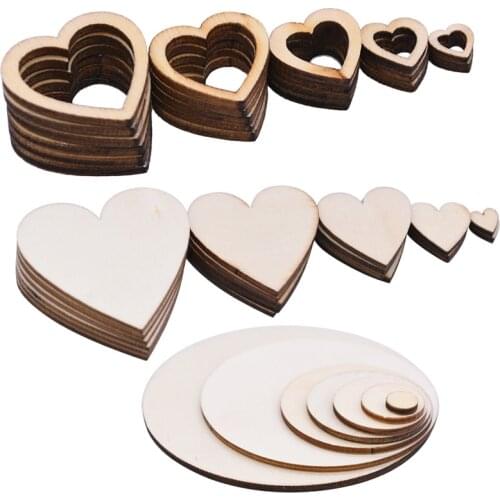 10-100mm Blank Unfinished Round Wood Slices Discs Wooden Hollow Love Heart For Wedding Birthday Party Decor DIY Handmade Crafts