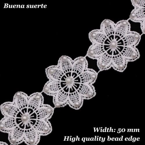 10X 100%Polyester White Pearl Beaded Flower Embroidered Lace Trim Ribbon Fabric Handmade Sewing Craft For Costume Hat Decoration