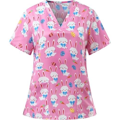 2021 Summer Women Short Sleeve V-Neck Tops Nursing Working Uniform Easter Rabbit Print T-shirts With Pockets Gorro Enfermera A50