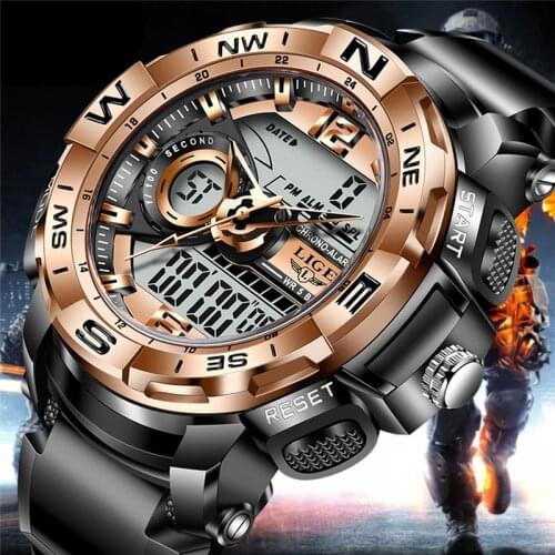 2021 LIGE Brand Men Sports Watches Dual Display Analog Digital LED Electronic Quartz Wristwatches Men Waterproof Military Watch