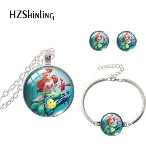 2021 New Arrival Ariel Little Mermaid Princess Glass Dome Round Necklace Bracelet Earring Sets Handcraft Jewelry Sets