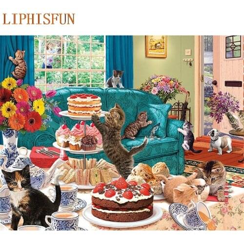 Diamond Painting Cross Stitch Full Square Round Picture of Rhinestone DIY Mosaic Embroidery Cake Kitten New Year Gift