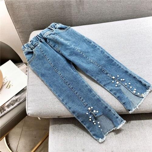 Childrens Girls Denim Pants 2021 New Autumn Girls' Beaded Jeans Baby Casual Korean Style Fashion Jeans Toddler Cowboy Pants