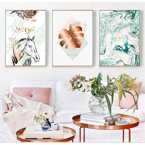 HAOCHU Line Drawing Horses Tropical Leave Photos Print Poster Simple Nordic Wall Pictures Canvas For Living Room Home Decor