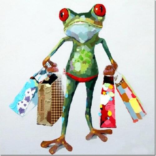 Hand Painted Shopping Frog Oil Painting Happy Modern Animal Canvas Wall Art for Bedroom Handmade Cute Art for Living Room