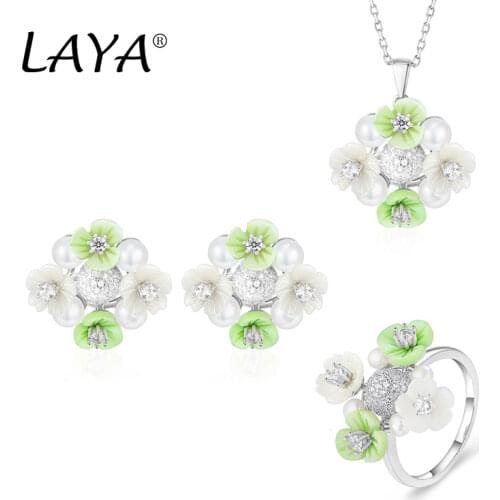 Laya 925 Sterling Silver Natural Shell Flower High Quality Zircon Freshwater Pearl Necklace Ring Earrings Sets For Women Jewelry