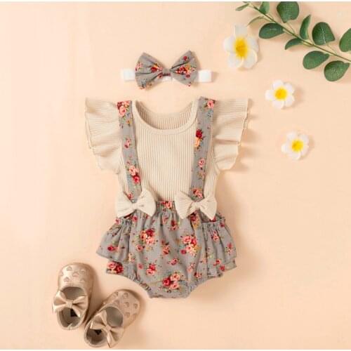 Summer Baby Girl Clothes Set Newborn Infant Baby Girls Solid Ribbed Tops Floral Ruffled Bow Suspender Shorts Infant Girls