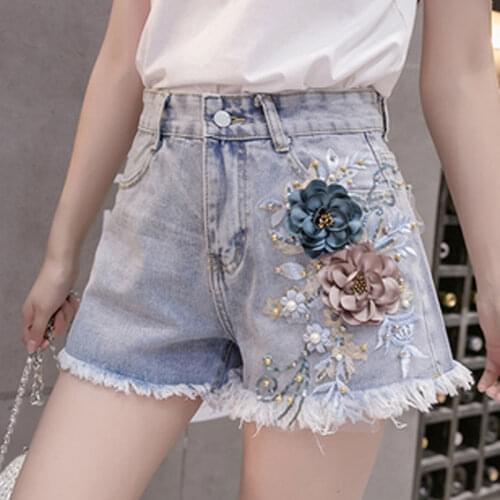 Summer new female embroidered sequins girl short sleeve T-shirt rough denim shorts two fashion suits Wide Leg Pants