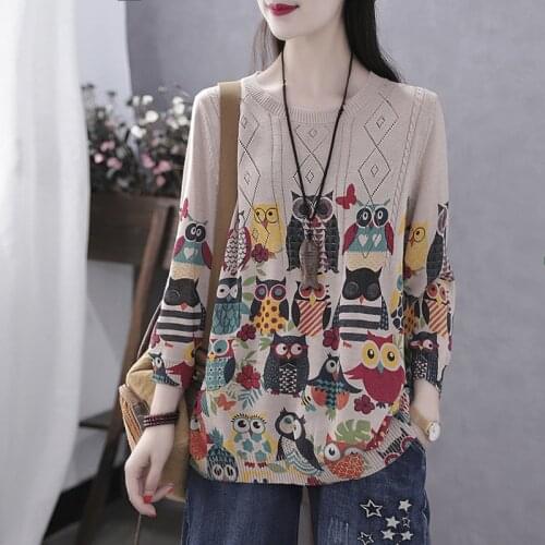 Cute Kawaii Pullovers Cartoon Owl Printed Autumn Tops Bottoming Casual Thin Harajuku Knitted Sweater Female Three Quarter Sleeve