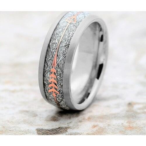 Fashion 8mm Mens Tungsten Carbide Rings Rose Gold Meteorite And Boho Arrow Inlay Tungsten Ring Mens Wedding Band Jewelry