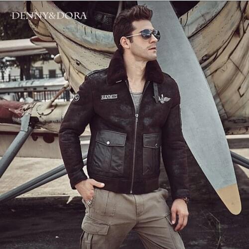 New Style Mens winter leather jacket Brown Aviator B3 Sheepskin Jacket Motorcycle Jacket Casual Coat