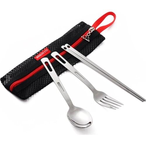 3pcs Set Dinnerware Portable Stainless Steel Spoon Fork Chopsticks Travel Cutlery with Tableware Storage Bag Picnic Tool Camping